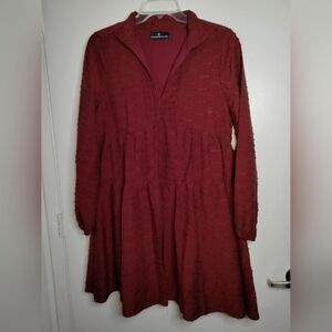 Pomander Place (Size XL) Deep Red Textured V-Neck Fit & Flare Long Sleeve Dress